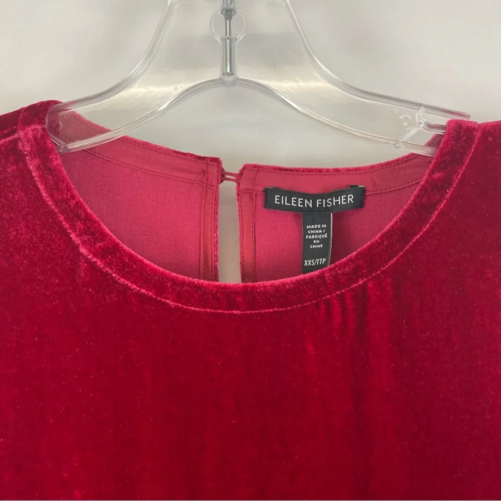 Eileen Fisher Velvet Shift Dress‎ Red Long Sleeve Keyhole Back Silk XXS NEW